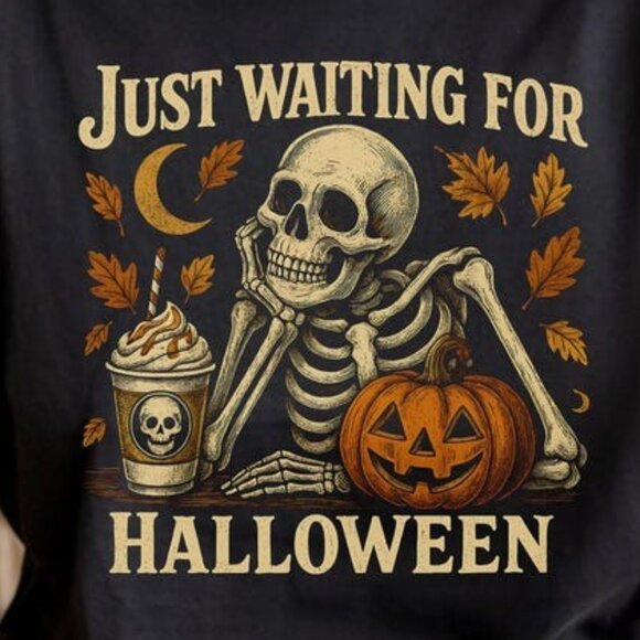 Just Waiting for Halloween Shirt – Skeleton Sitting Graphic Tee - Picture 2 of 3